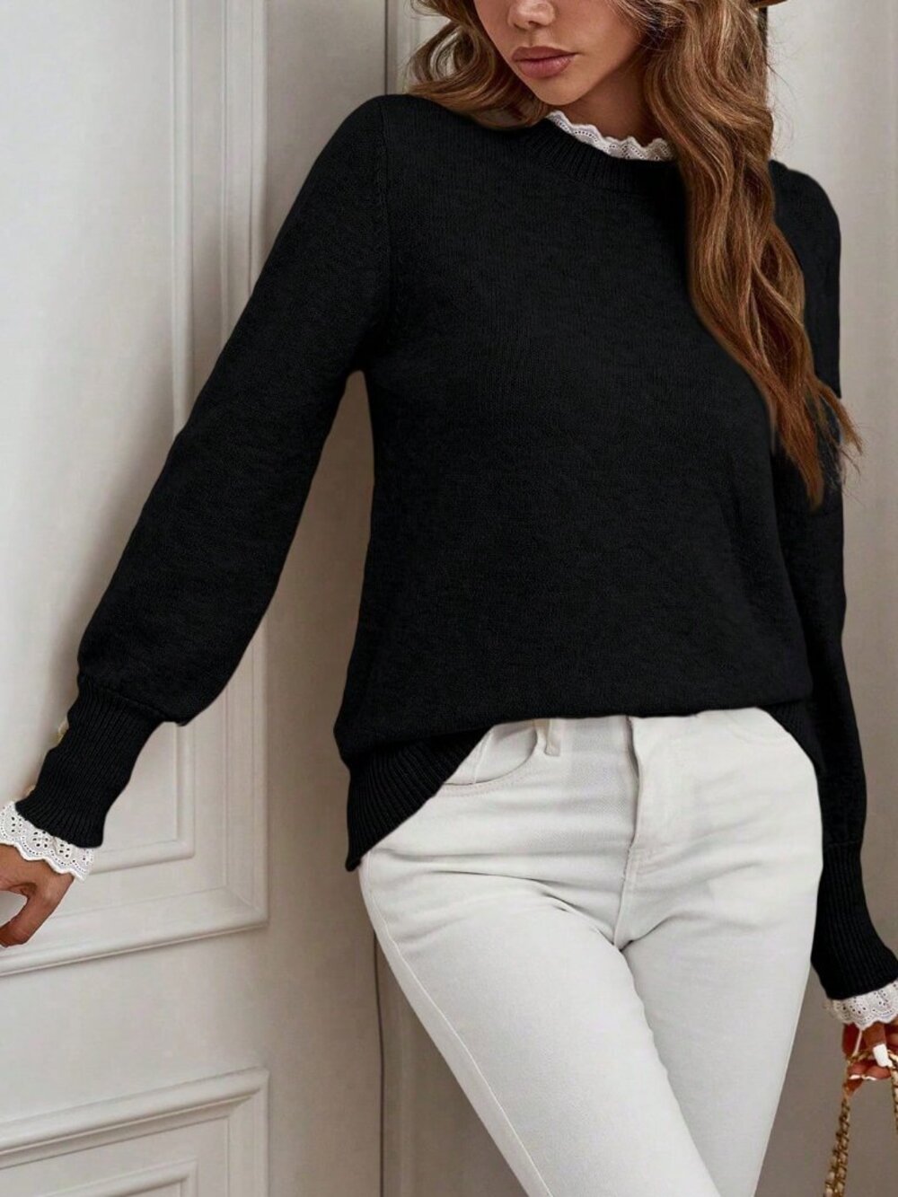 Black Women's Casual Lace Trim Round Neck Long Sleeve Sweater - Picture 3 of 6